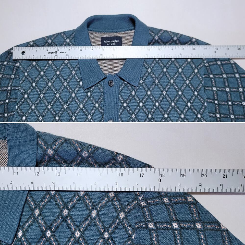 Abercrombie Fitch Mens M Teal Argyle Knit Polo Shirt Button Up Sweater Retro - Picture 7 of 10